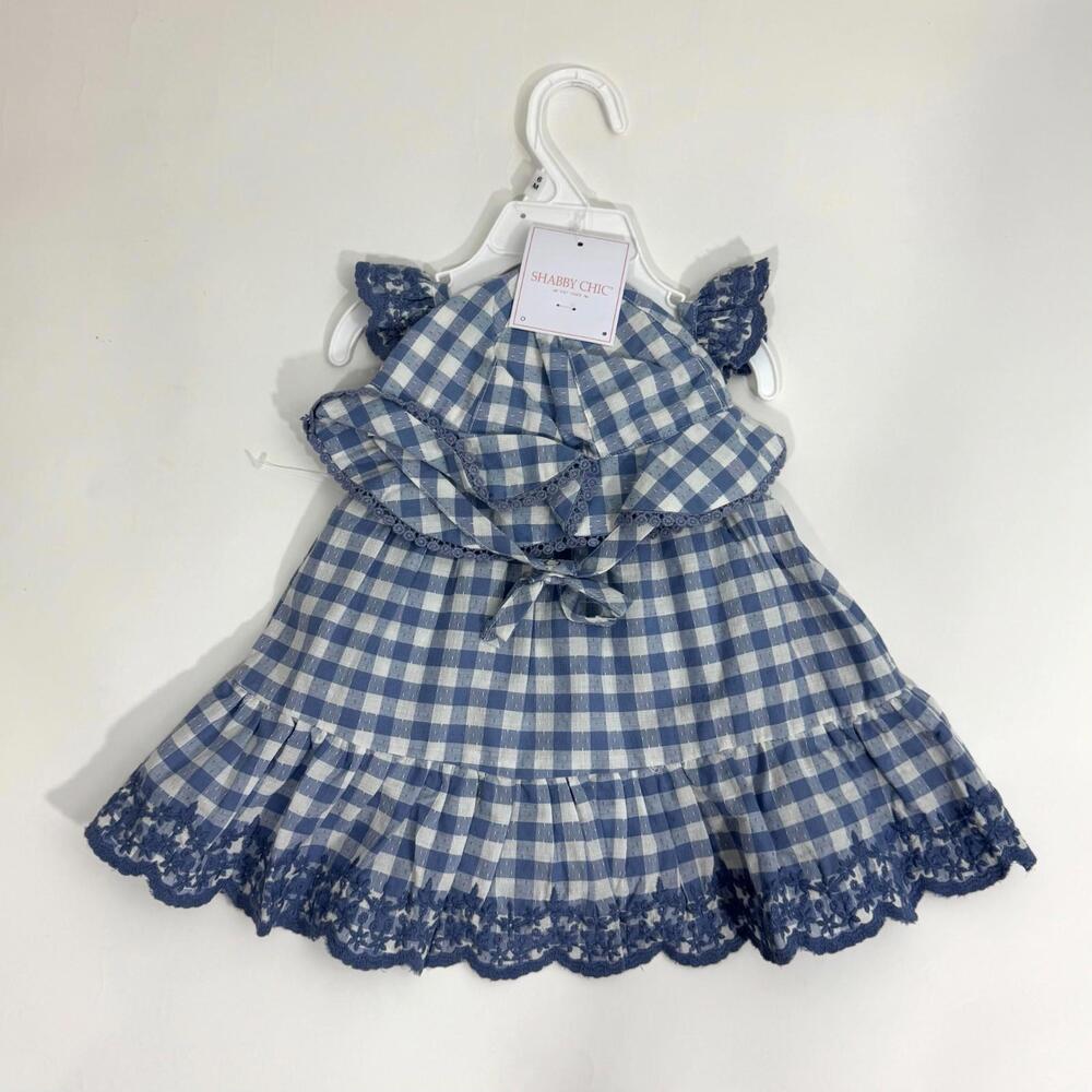 Shabby Chic Baby Girl Size 3-6M Blue Gingham Print Sun Dress Matching Hat Set - Picture 7 of 9